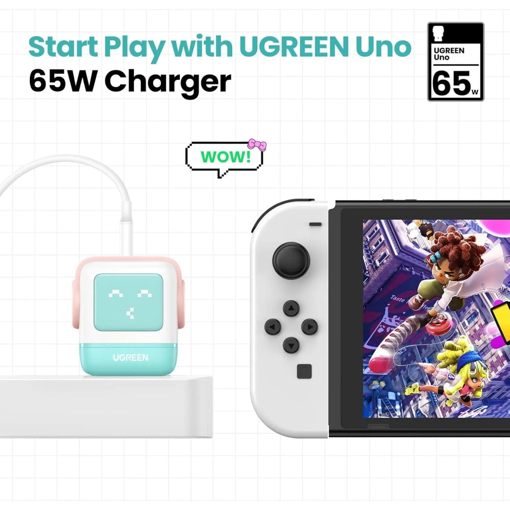 Cargador Ugreen USB-C 65W Nexode Robot GaN con Pantalla LED Puertos 1xUSB-A 3.0 y 2xUSB-C color Rosa+Azul 35856