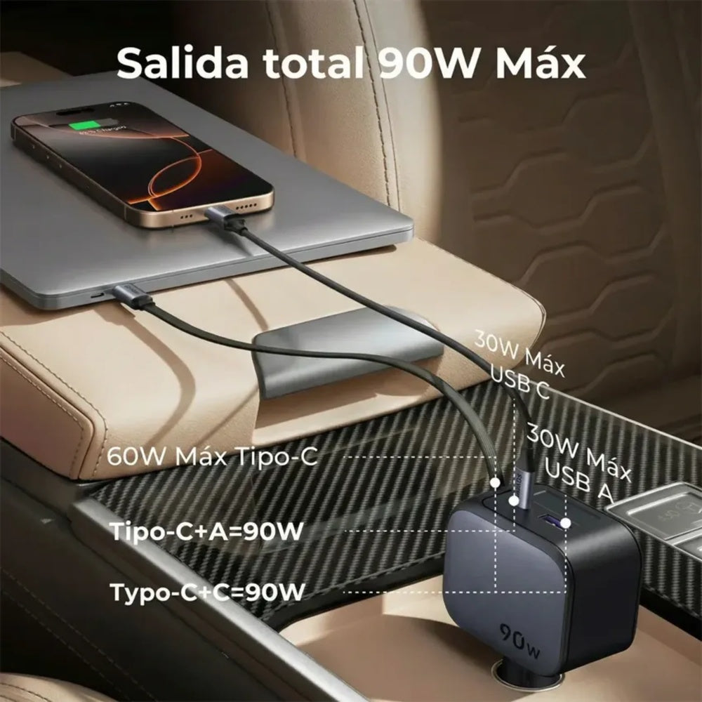 Cargador Ugreen de Vehiculo 90W con Cable Retractil 70cm Puertos 1xUSB-A 1xUSB-C Compatibilidad Universal 55909B