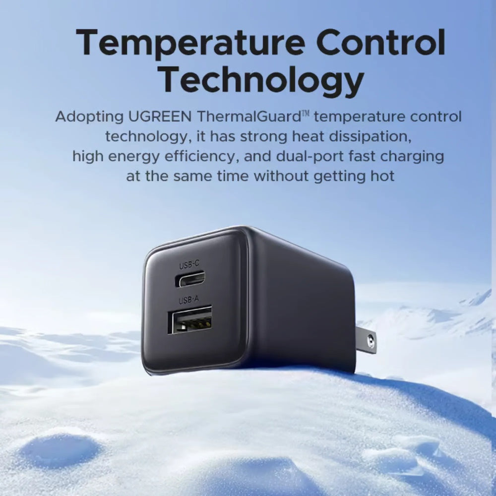 Mini Cargador Ugreen 20W GaN Dual Port 1xUSB-A 18W QC y 1xUSB-C 20W PDcon 4 Niveles de Proteccion Electrica 55533