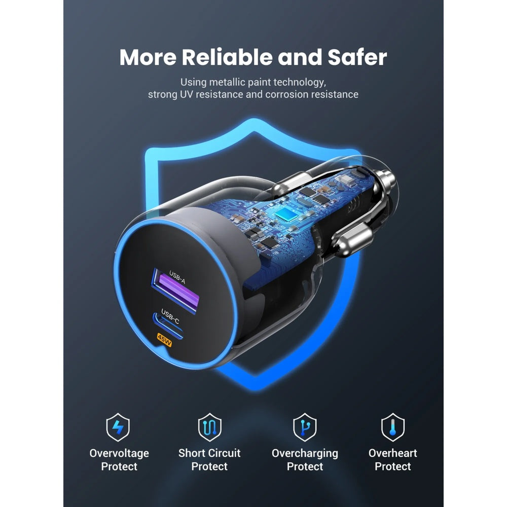 Cargador Ugreen de Vehiculo 63W Carga Ultra Rapida USB-C hasta 45W USB-A hasta 18W Compatible PC 3.0 QC 3.0 35023-EC701