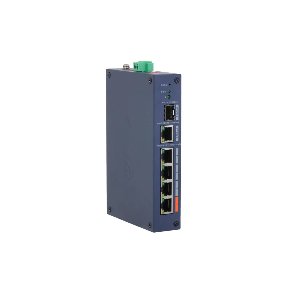 Switch Administrable Dahua 6 Puertos 4xPoE 1xPuerto TX 250m Metalico RielDIN DH-CHS4106-4ET-60