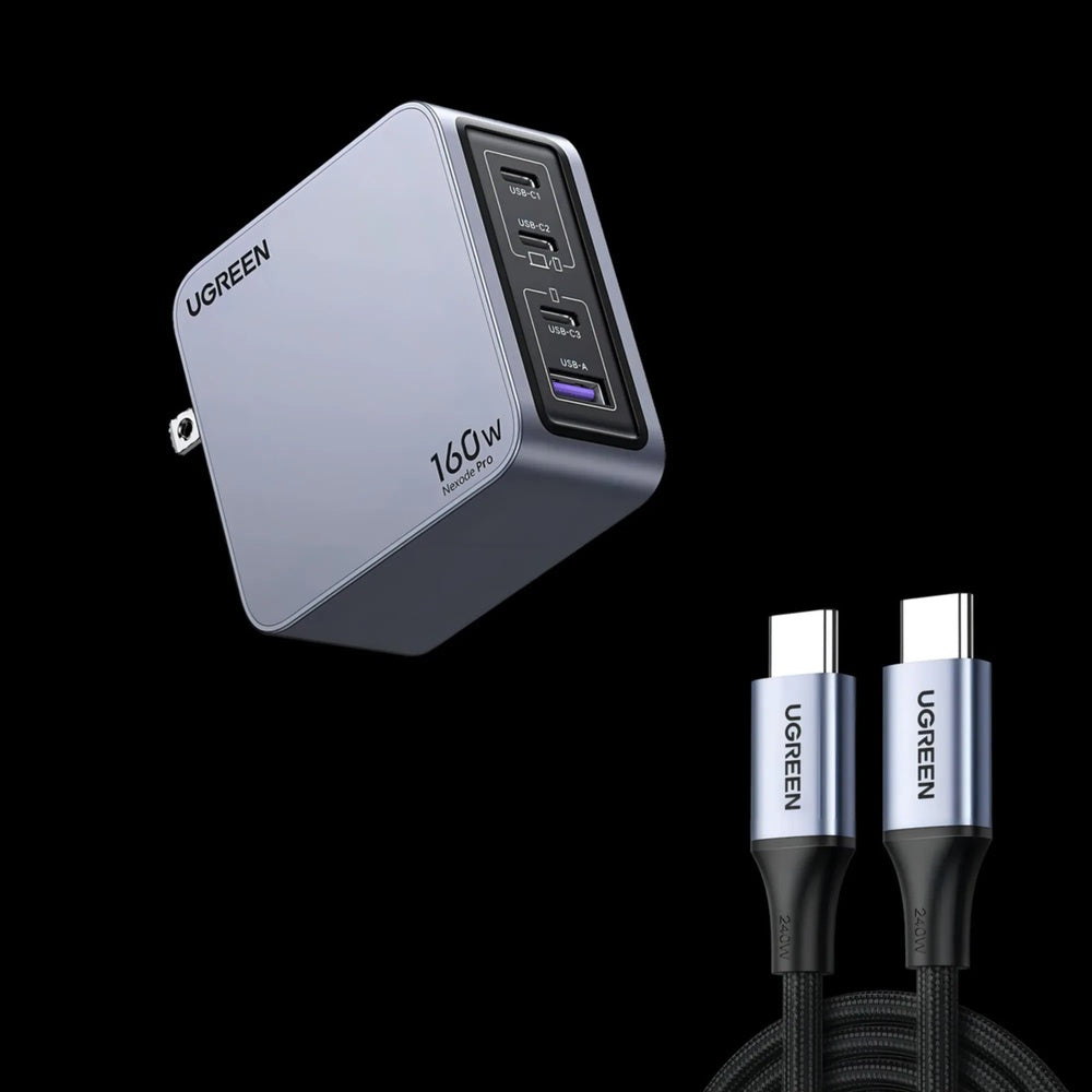 Cargador Ugreen Nexode Pro 160W GaN Carga Simultaneo 4 Equipos 3xUSB-C 1xUSB-A Incluye Cable de Carga 25876