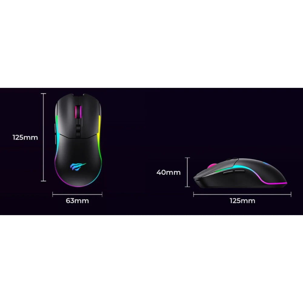 Mouse Gamer Havit RGB 6 Niveles Ajustables hasta 10000 DPI Triple Conexion 2.4GHz BT v5.0 y USB-C Recargable MS1020WB-BK