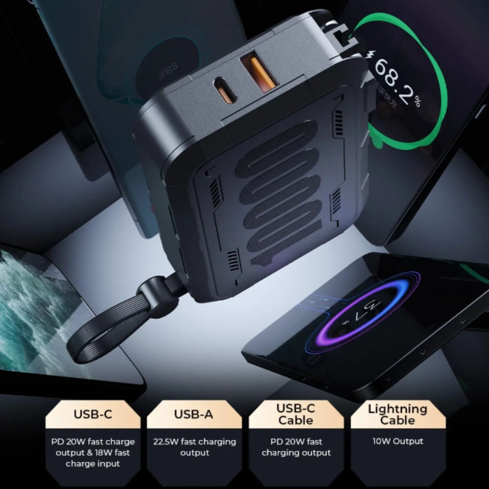Power Bank Havit 20.000mAh 3en1 + Cargador AC con Enchufe EU+US + Cable Integrado Lightning y USB-C PB5231 EU+US-BK
