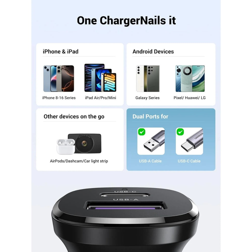 Cargador Ugreen de Auto 30W Carga Rapida Dual 1xUSB-A 1xUSB-C Protocolos PC3.0 QC4+ PPS AFC SCP 25845