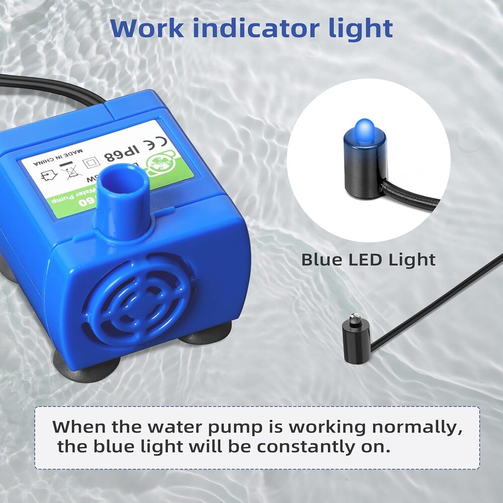 Bomba de agua sumergible IP68 para Fuente o Beberedo de Agua para Perros y Gatos Puerto USB-A 5VDC 1.5W Luz LED DR-DC160