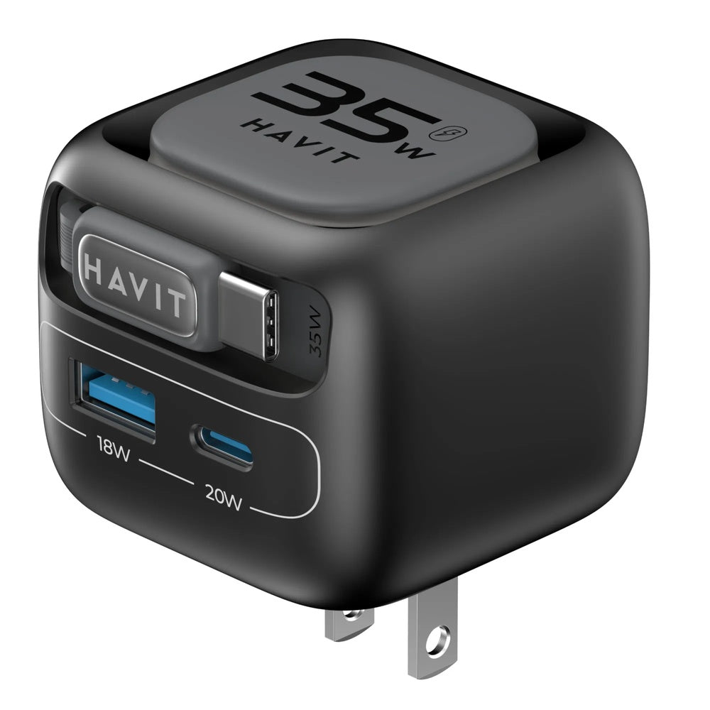 Cargador Havit GaN 35W con Cable Retractil de 70cm Incluye Puerto 1xUSB-A 1xUSB-C UC251 Carga Inteligente US-BKG