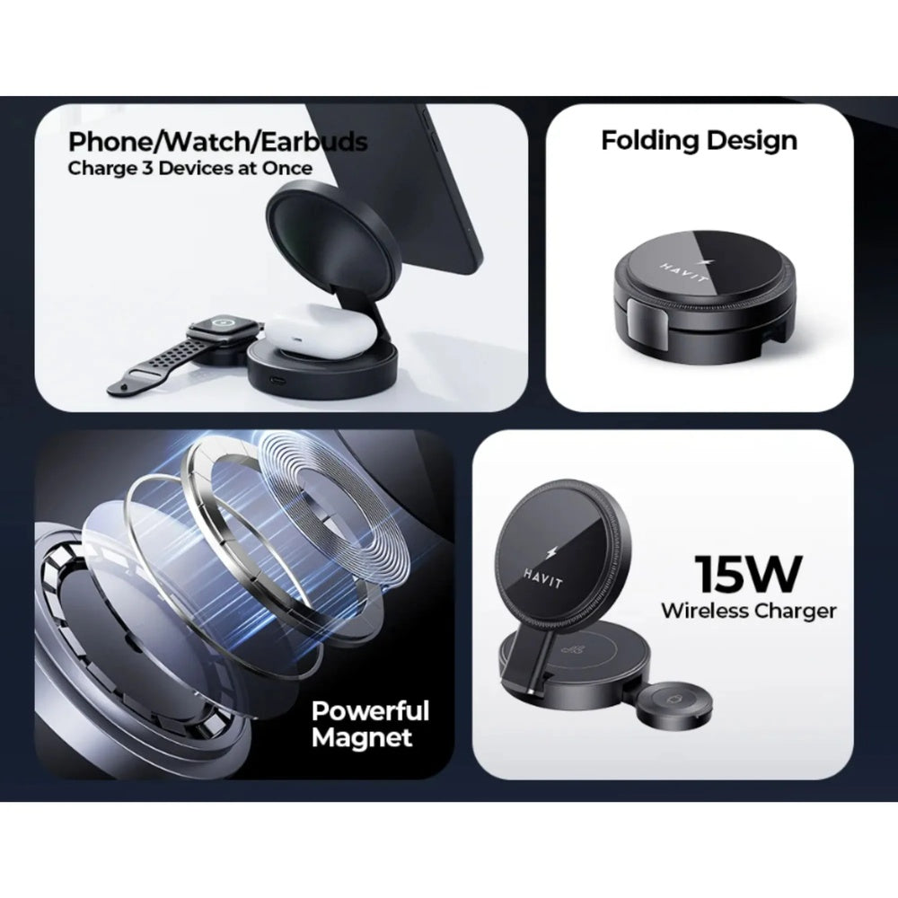 Estacion de Carga 3en1 Havit Plegable 15W Carga Rapida y Eficiente Auriculares 5W Diseño Premium y Compacto W3100