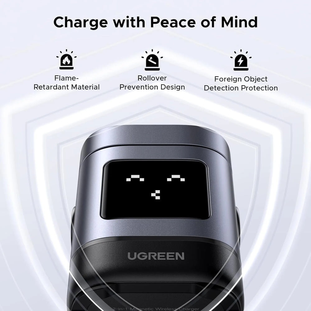 Cargador Ugreen Robot Qi2 2en1 15W Pantalla Frontal con Expresiones de Carga Sujecion Magnetica Ajuste de Angulo 45775