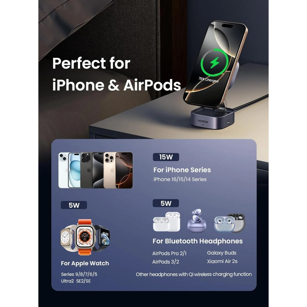 Cargador Inalambrico Ugreen Magnetico 2en1 Magflow Qi2 Magsafe Carga Simultanea + 1xUSB-C Plegable Portatil 35316
