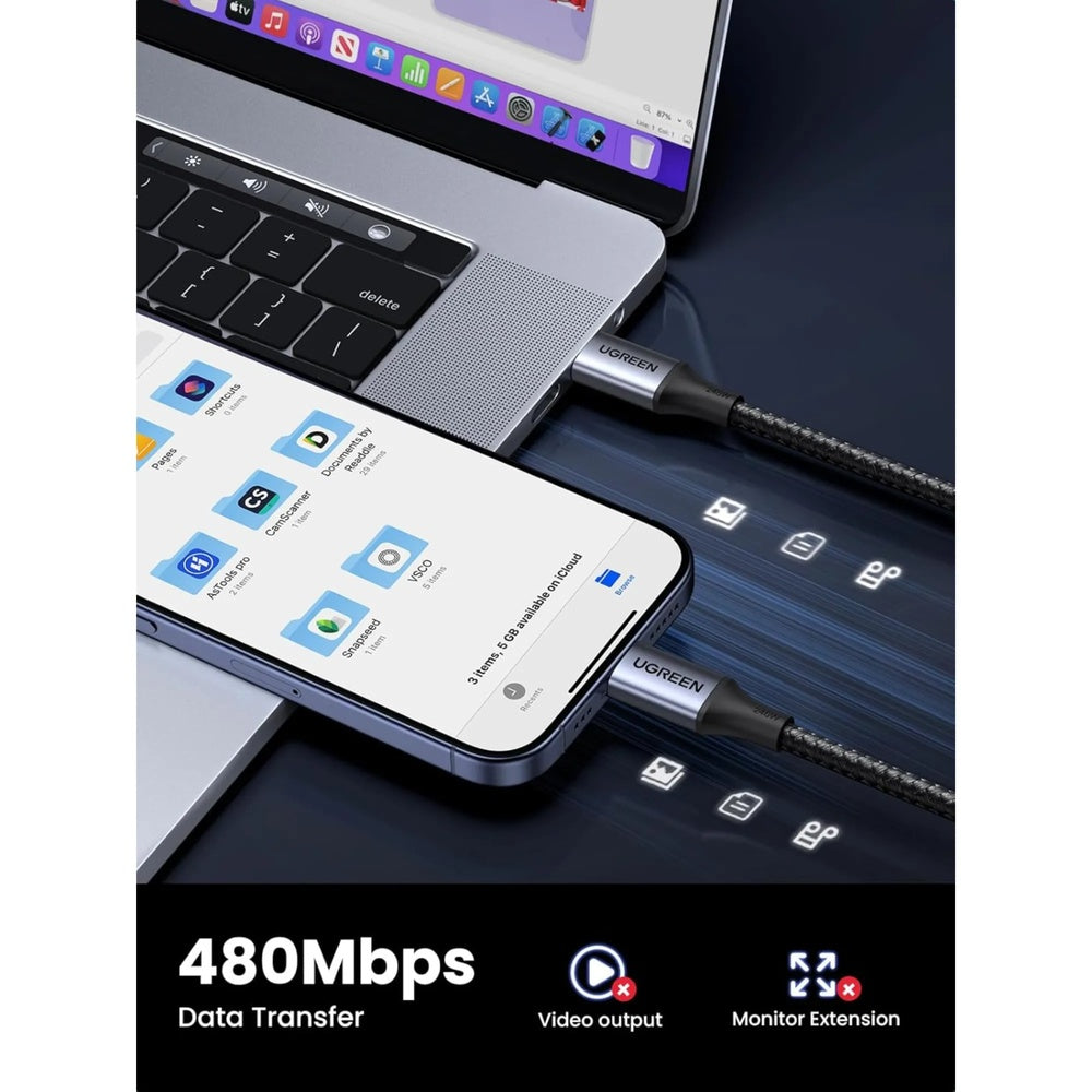 Cable Ugreen USB-C a USB-C 240W Ultra Power PD3.1 48V 5A Diseño Ultra Resistente Compatibilidad Universal Largo 2m 90440