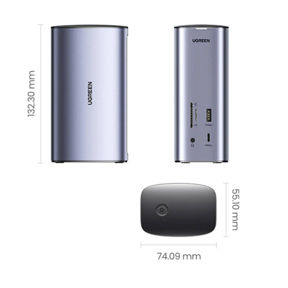 Hub Ugreen Multipuertos 12en1 Conexion USB-C Expande 3 o 4 Monitores WIN MAC PD 100W Transferencia 10Gbps Aluminio 90325