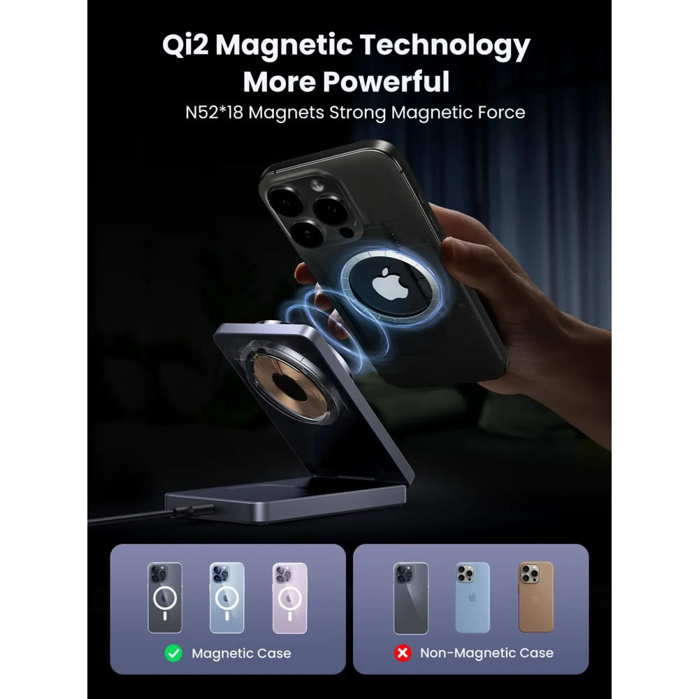 Cargador Ugreen Maglfow Qi2 Carga Inalambrica Certificada 15W 2en1 Alineacion Magnetica Inteligente 45023