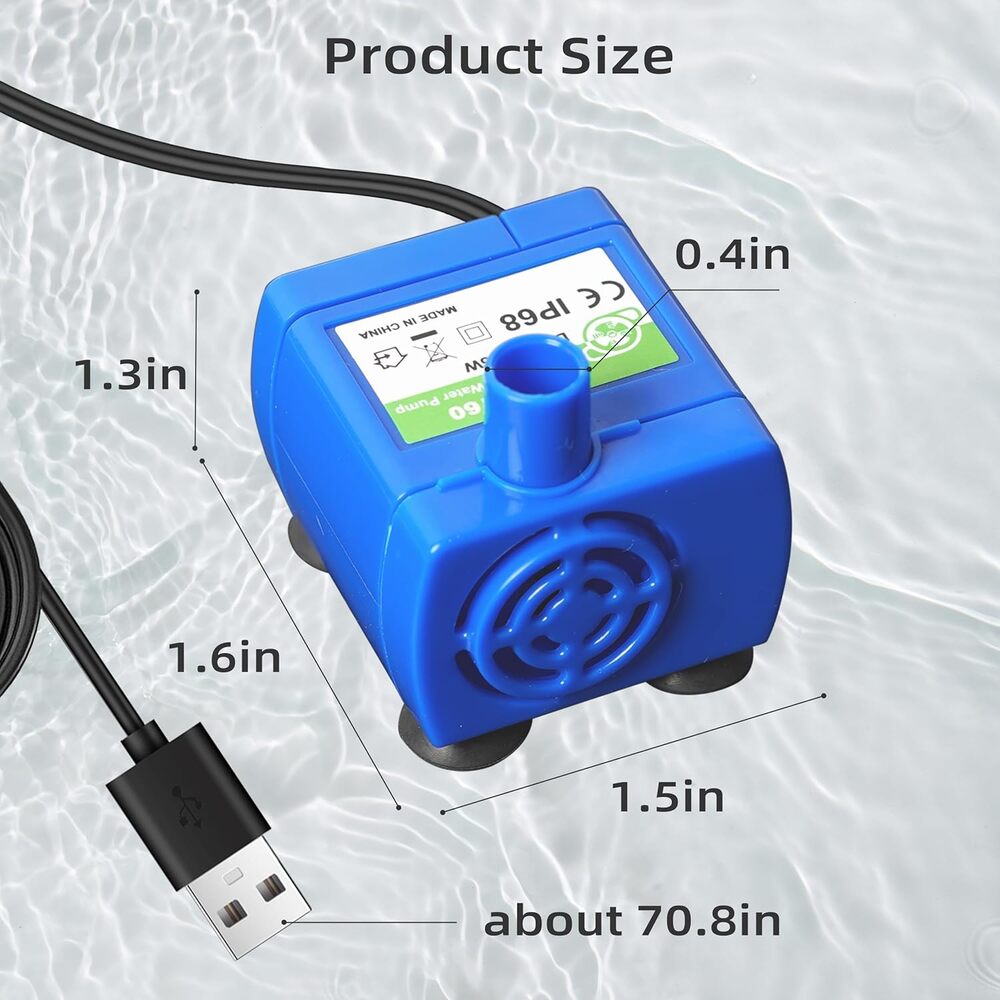 Bomba de agua sumergible IP68 para Fuente o Beberedo de Agua para Perros y Gatos Puerto USB-A 5VDC 1.5W Luz LED DR-DC160
