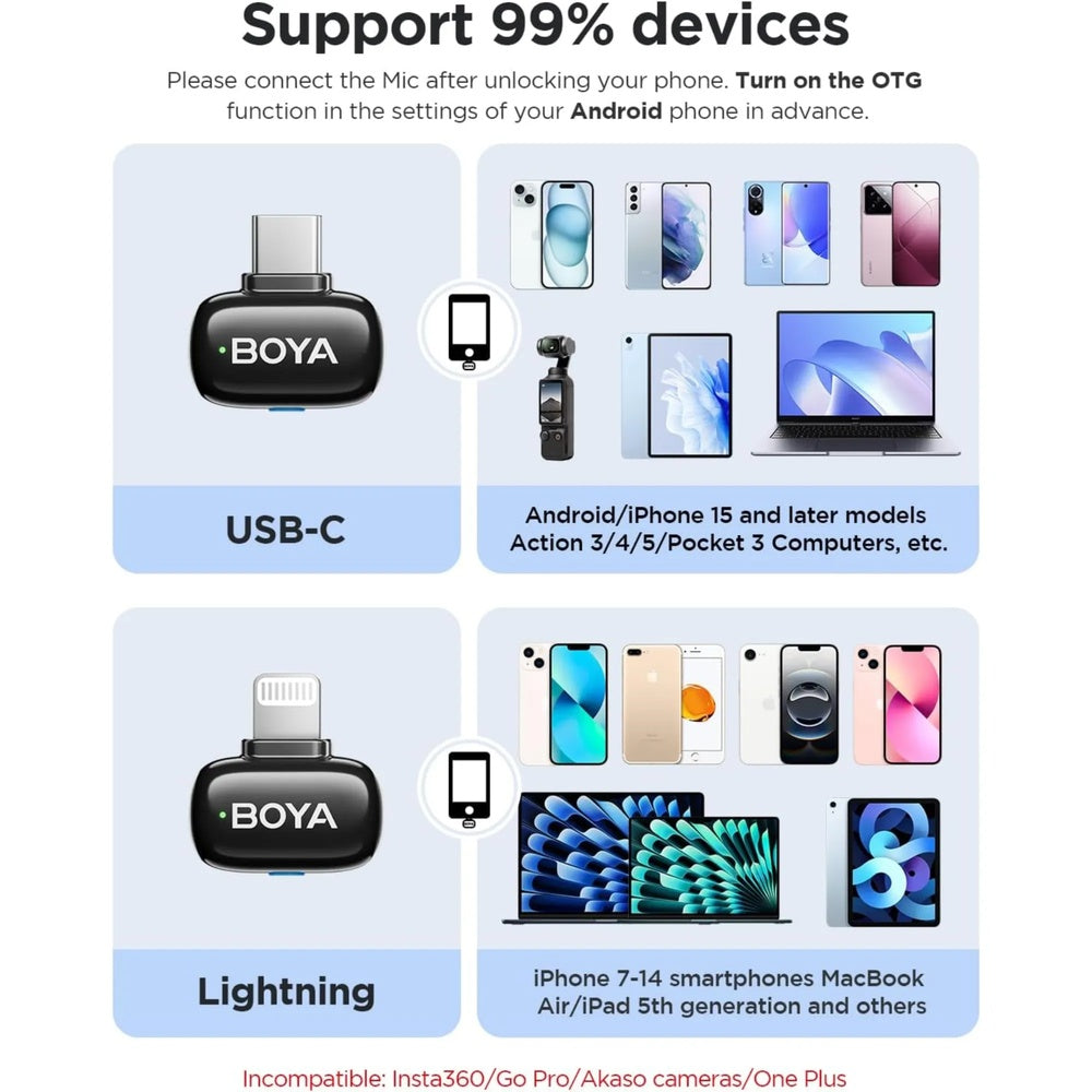 Mini Microfono Inalambrico Boya Cancelacion de Ruido Audio Profesional Alcance 100 metros Lightning y USB-C mini 2-01