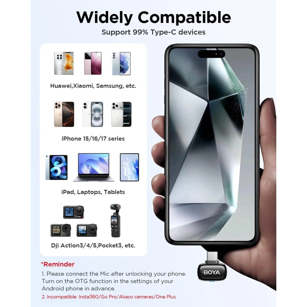 Mini Microfono Inalambrico Boya Dual Cancelacion de Ruido Alcance 100 metros Bateria 6 horas Puerto USB-C BOYA mini 2-02