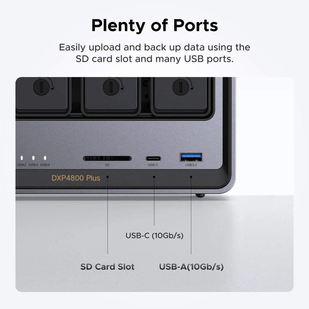 Servidor NAS Ugreen DX4800PLUS 4 Bahias 112TB CPU Intel Gold 8505 8GBDDR5 LAN 1x10GbE 1x2.5GbE HDMI4K Soporta RAID 35260
