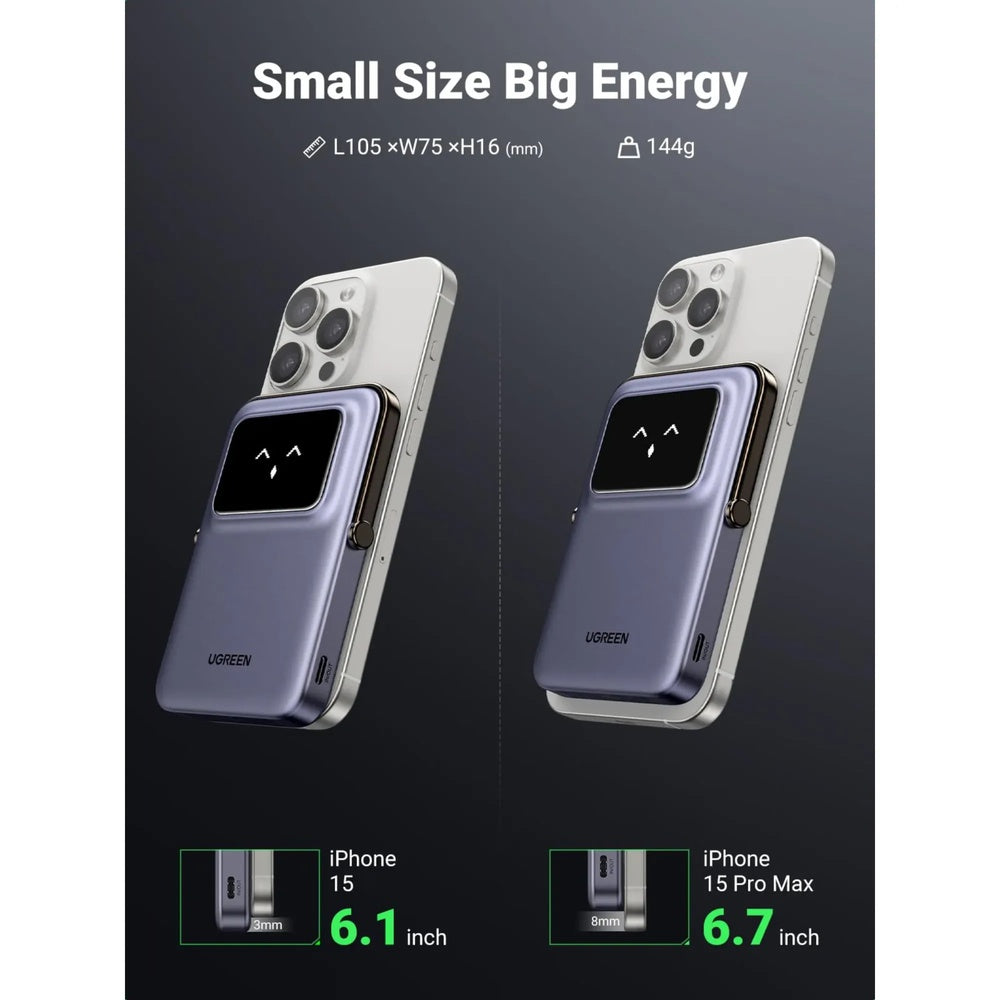 Mini Power Bank Ugreen 5.000mAh Inalambrico Magnetico 7.5W 1xPuerto USB-C 20W Pantalla TFT con Gestos 35605B