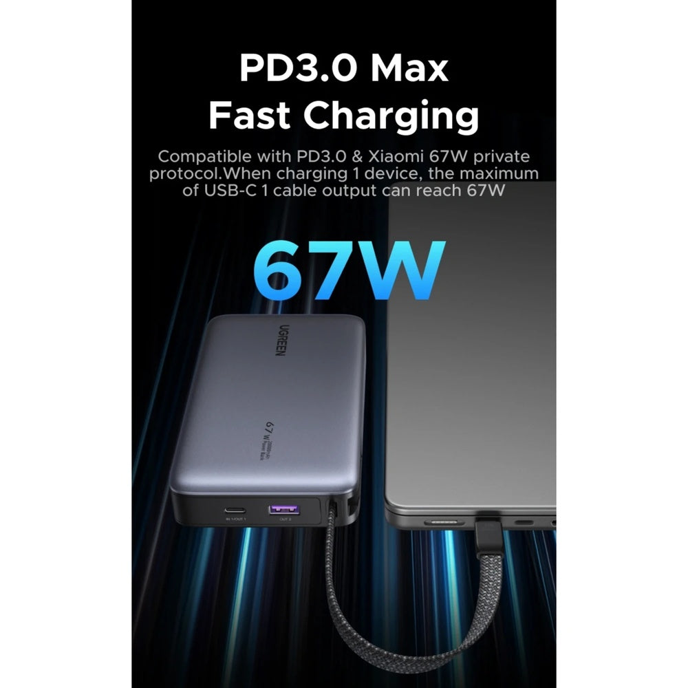 Power Bank Ugreen 20.000mAh 67W Cable USB-C 67W Puerto 1xUSB-A 1xUSB-C Pantalla LCD 85166B