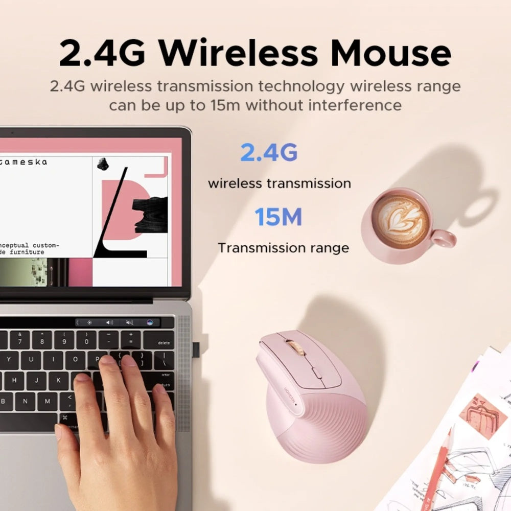 Mouse Ugreen Ergonomico Vertical Inalambrico 2.4GHz Alta Precision Botones Multifuncion 4000DPI color Rosado 55917