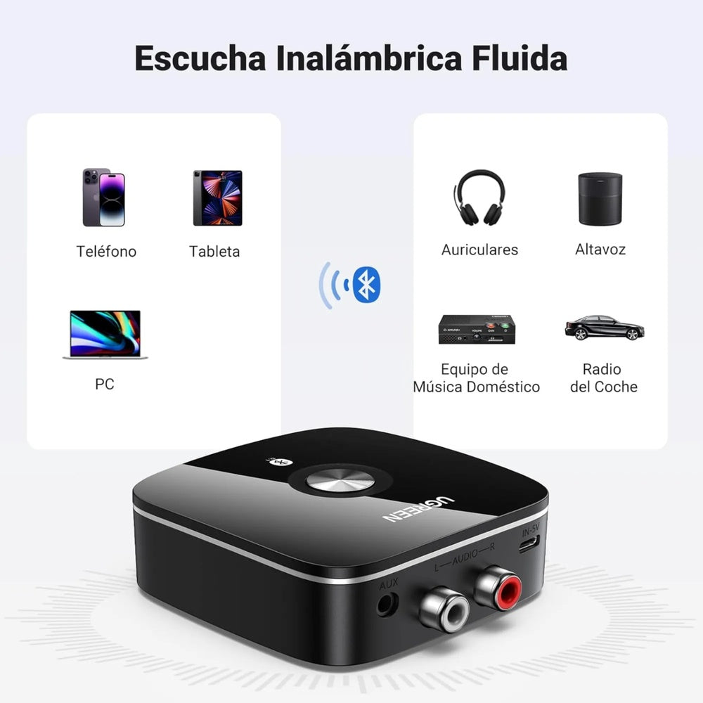 Receptor de Audio Ugreen BT v5.1 aptX HD Sonido HiFi Alcance 10m Baja Latencia Salida Aux 3.5mm RCA 40759P