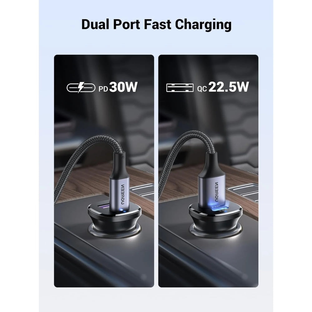 Cargador Ugreen de Auto 30W Carga Rapida Dual 1xUSB-A 1xUSB-C Protocolos PC3.0 QC4+ PPS AFC SCP 25845