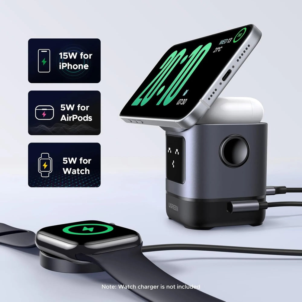 Cargador Ugreen Robot Qi2 2en1 15W Pantalla Frontal con Expresiones de Carga Sujecion Magnetica Ajuste de Angulo 45775
