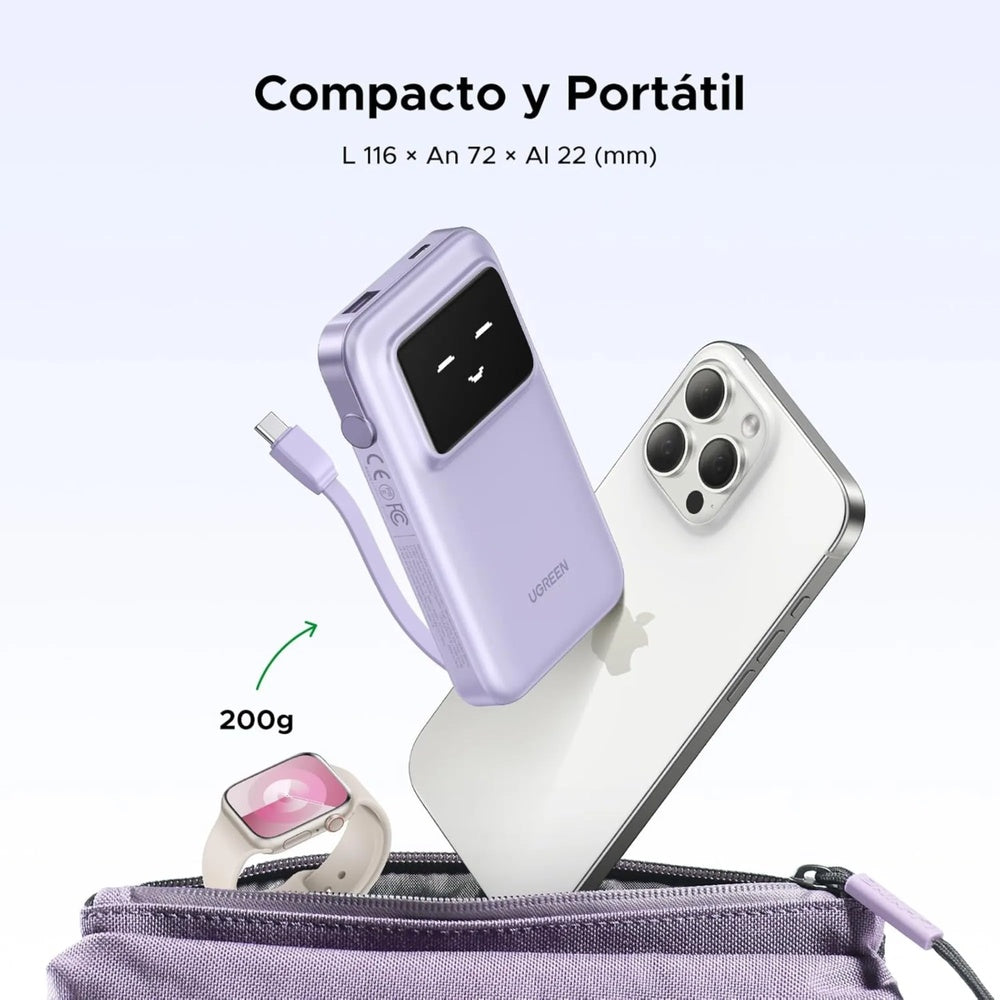 Power Bank Ugreen 10.000mAh 30W Robot Pantalla Digital 2xUSB-C 1xUSB-A Soporta SCP QC3.0 PD3.0 color Purpura 35604B