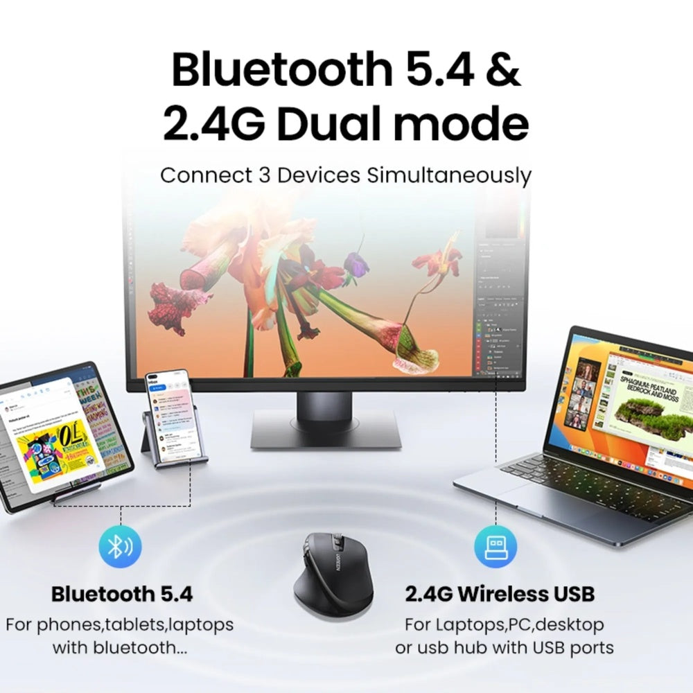 Mouse Ugreen Ergonomico Multimodo hasta 5000DPI Conexion 2.4GHz y BT Conecta hasta 3 Equipos Doble Sistema Scroll 45792