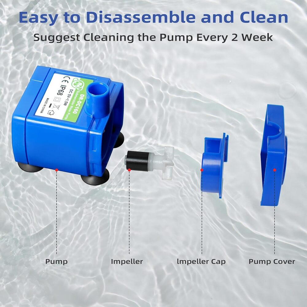 Bomba de agua sumergible IP68 para Fuente o Beberedo de Agua para Perros y Gatos Puerto USB-A 5VDC 1.5W Luz LED DR-DC160