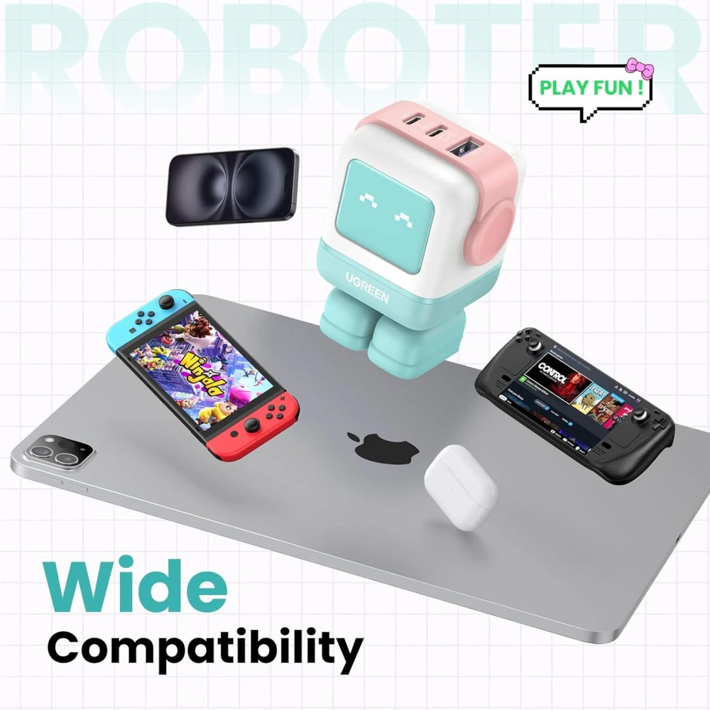 Cargador Ugreen USB-C 65W Nexode Robot GaN con Pantalla LED Puertos 1xUSB-A 3.0 y 2xUSB-C color Rosa+Azul 35856