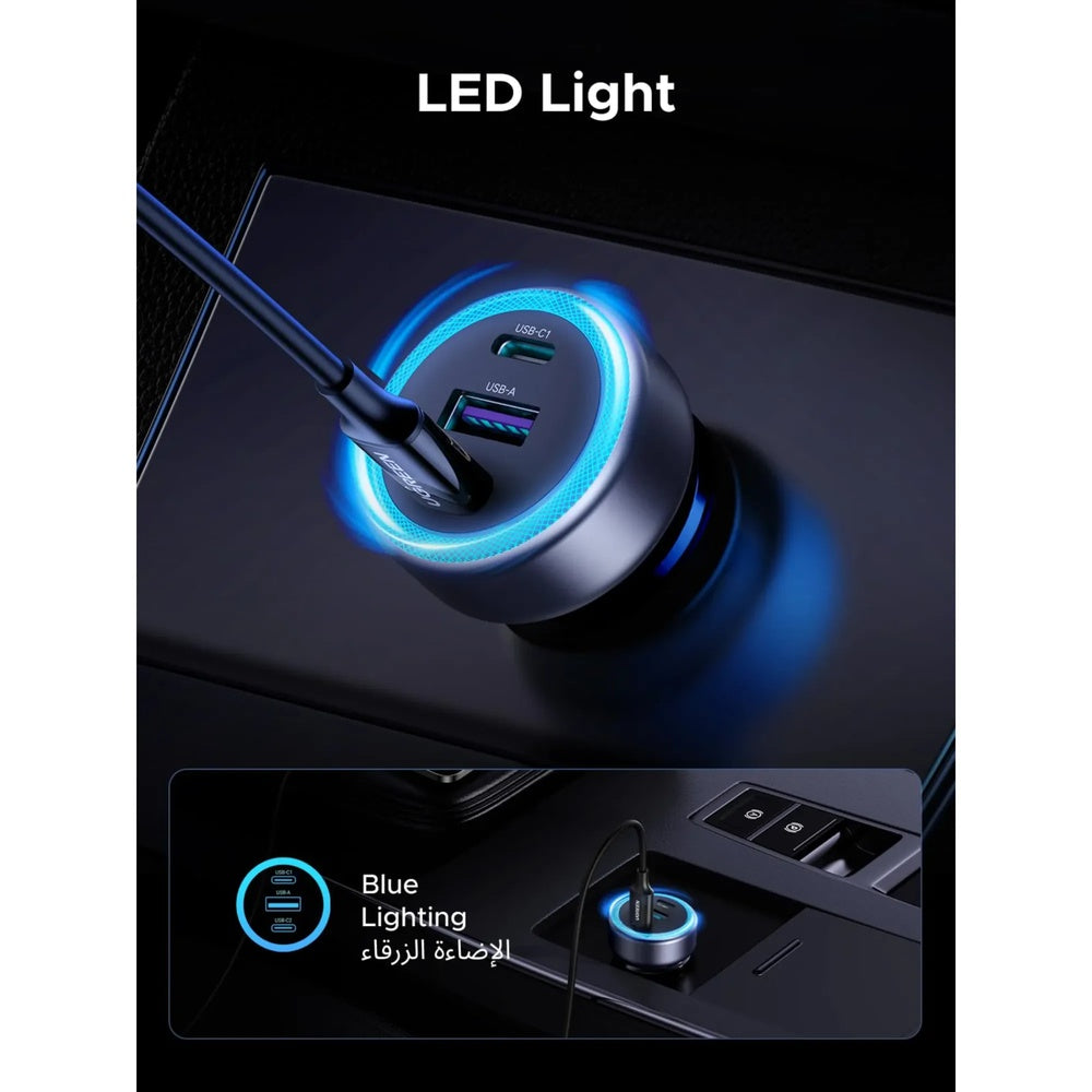 Cargador Ugreen DE Vehiculo 30W con Luz LED 1xUSB-A 2xUSB-C 3 Cargas en Simultaneo PD3.0 QC3.0 PPS SCP 45843