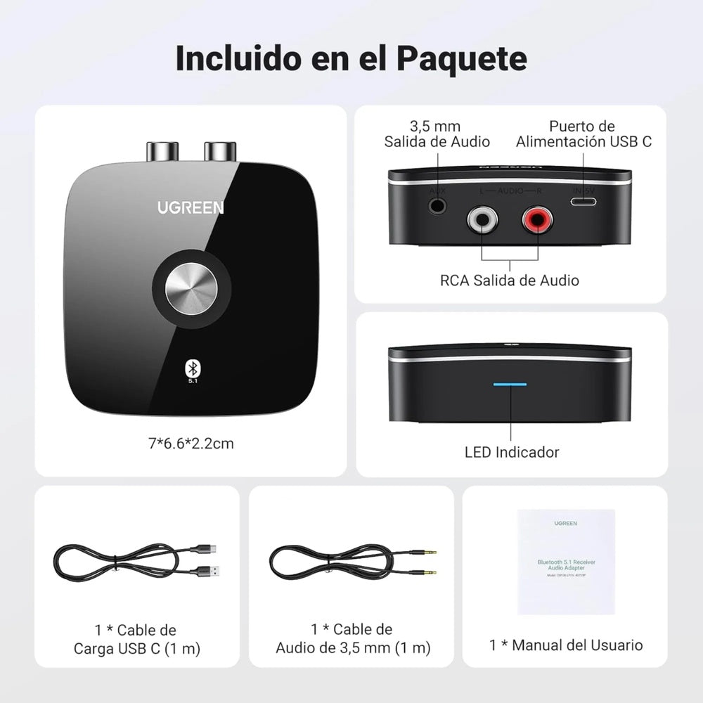 Receptor de Audio Ugreen BT v5.1 aptX HD Sonido HiFi Alcance 10m Baja Latencia Salida Aux 3.5mm RCA 40759P