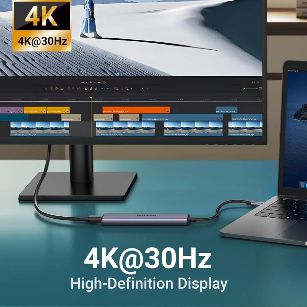 Adaptador Ugreen USB-C Multifuncional Revodok 5en1 HDMI 4K 30fps USB-C PD 100W USB-A 3.0 5Gbps 2xUSB-A 480Mbps 15495