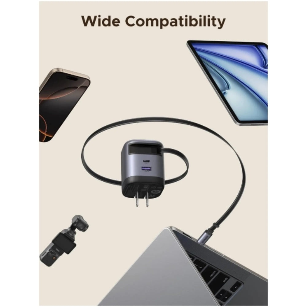 Cargador Ugreen 65W Nexode GaN Incluye Cable Retractil 70cm Puertos 1xUSB-C 1xUSB-A Proteccion Electrica 65824