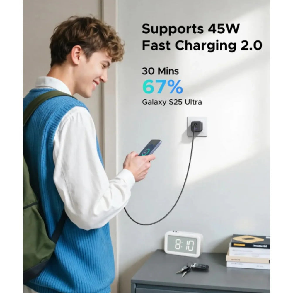 Cargador Ugreen 45W GaN Ultra Rapido Puertos 1xUSB-A 2xUSB-C 3 Cargas en Simultaneo 65155B