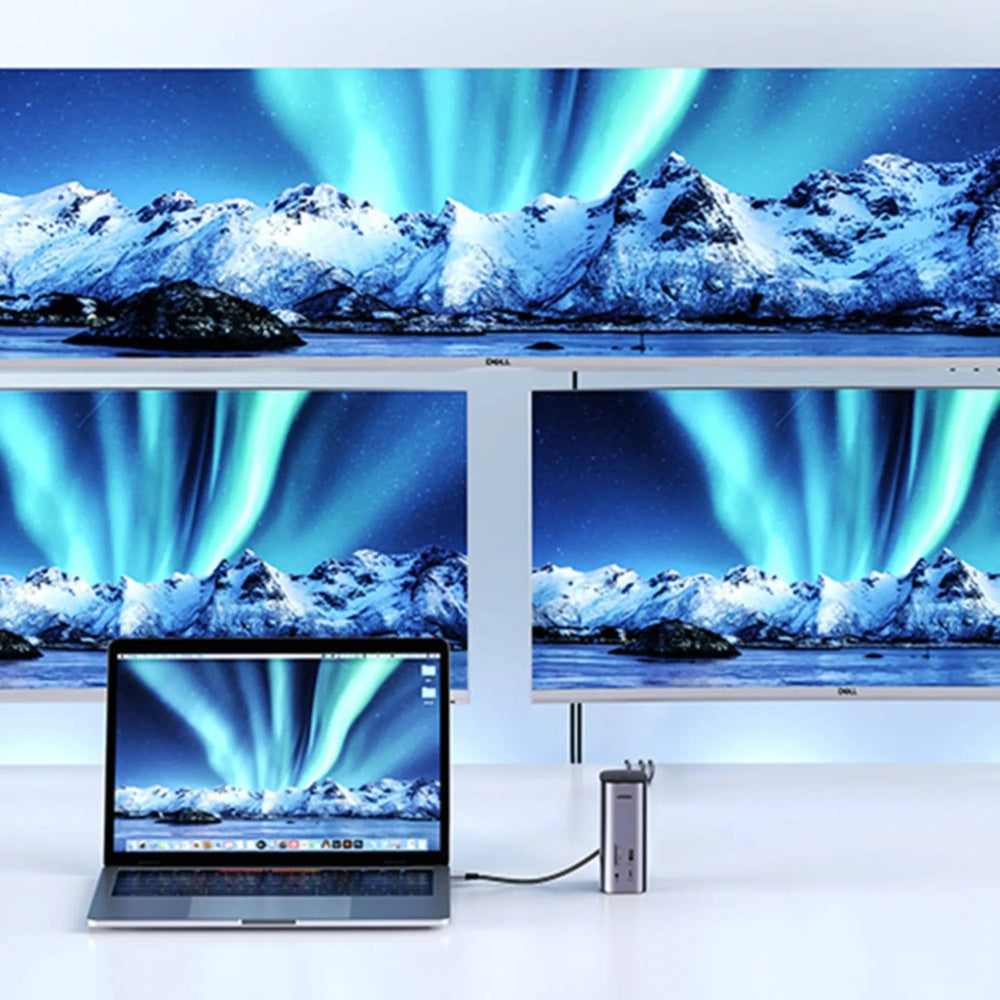 Hub Ugreen Multipuertos 12en1 Conexion USB-C Expande 3 o 4 Monitores WIN MAC PD 100W Transferencia 10Gbps Aluminio 90325