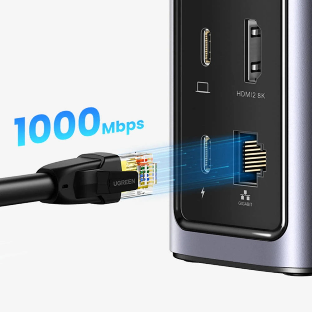 Hub Ugreen Multipuertos 12en1 Conexion USB-C Expande 3 o 4 Monitores WIN MAC PD 100W Transferencia 10Gbps Aluminio 90325