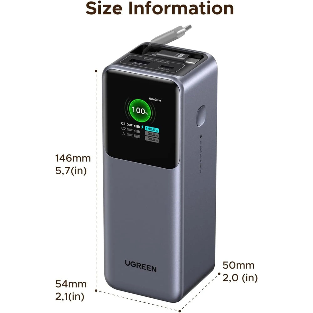 Power Bank Ugreen Nexode 20.000mAh Carga Ultrarapida 100W y 65W Pantalla TFT Inteligente Cable USB-C 55987B