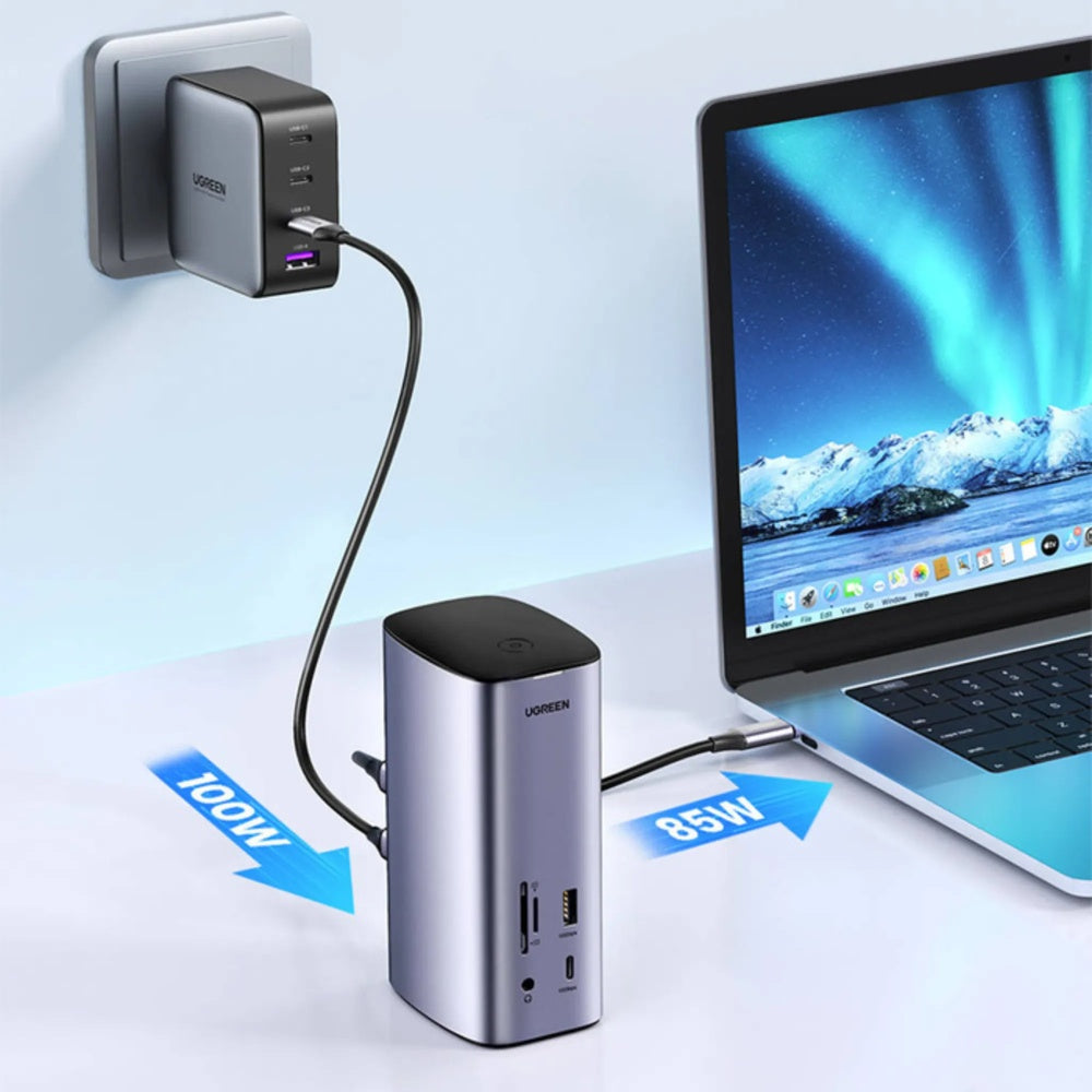 Hub Ugreen Multipuertos 12en1 Conexion USB-C Expande 3 o 4 Monitores WIN MAC PD 100W Transferencia 10Gbps Aluminio 90325