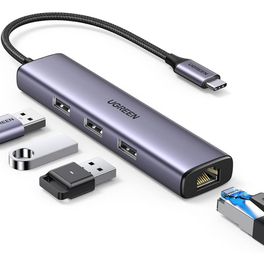 Hub USB-C a 3 Puertos USB-A 3.0 hasta 5Gbps 1 Puerto Ethernet Gigabit Diseño en ALuminio 60600