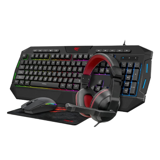 Combo Gamer Havit 4en1 Mouse 2400DPI Auricular con Altavoz magnetico de 40mm Teclado con Luces y Mouse Pad KB501CM
