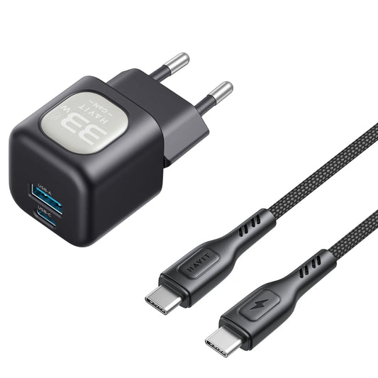Cargador Havit 30 Watts GaN con 1 Puerto USB-A y 1 Puerto USB-C incluye cable USB-C a USB-C PD60W UC233 EU-BK