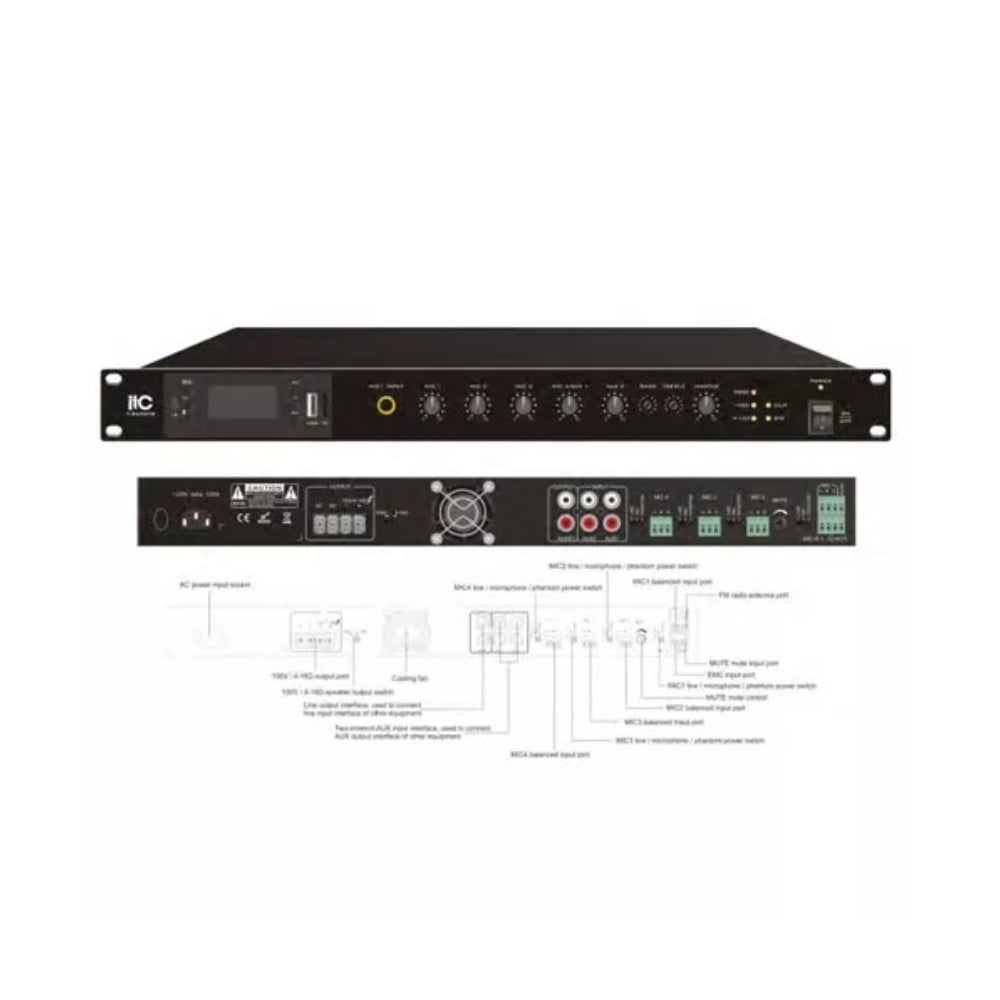 Amplificador ITC Mezclador RMS 60W Clase-D USB SD Tuner y Bluetooth Funcion de Grabadora de Entrada Mic1 y Linea 1 Entrada 1EMC Entrada 2AU T-B60DTB