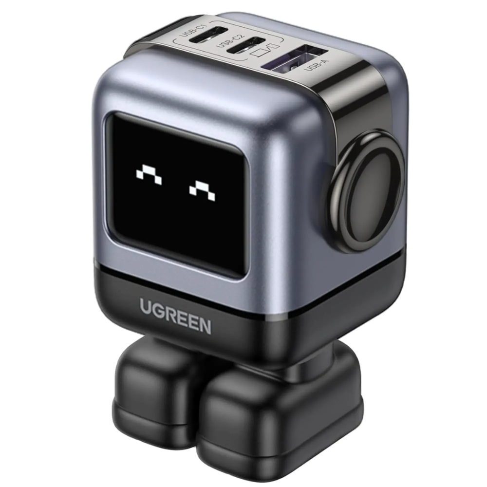 Cargador Ugreen USB-C 65W Nexode Robot GaN con Pantalla LED y Botas Magneticas Extraibles 1xUSB-A 3.0 y 2xUSB-C color Gris 15570