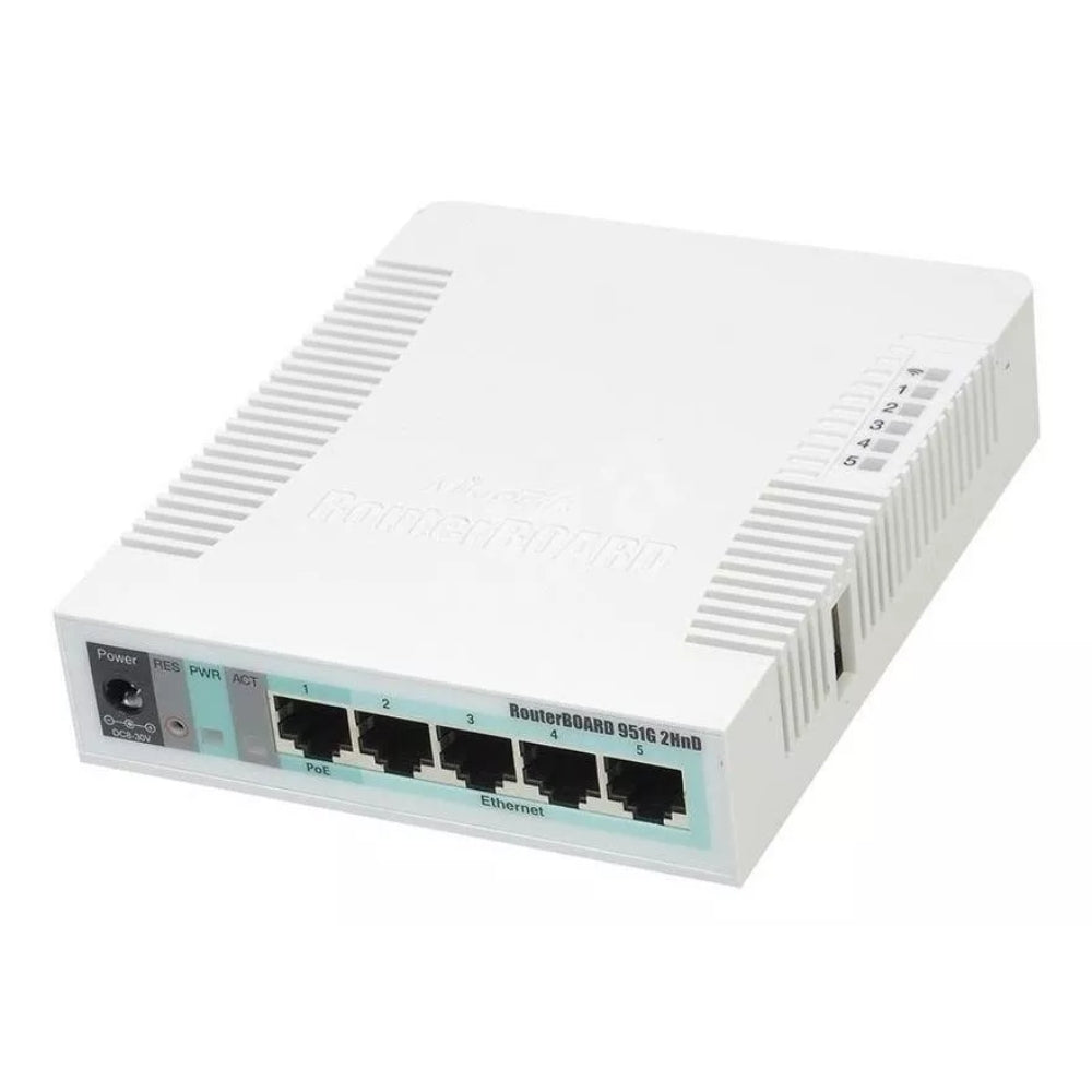 Access Point Mikrotik SoHo Alta Potencia 2.4GHz Antena Integrada 2.5dBi Norma 802.11B/G/N + 5 Ethernet Gigabit 1xUSB 2.0 Licencia Nivel 4 RB951G-2HnD