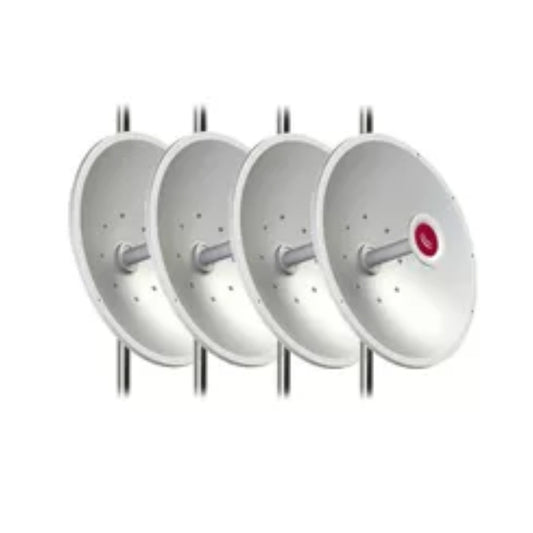 Pack de 4 Antenas Parabolicas Mikrotik Mant30 STD Frecuencia 5GHz Ganancia 30dBi 2 Conectores RP-SMA Hembra Polarizacion Vertical y Horizontal Ratio 30dB MTAD-5G-30D3-4STD