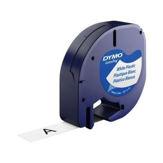 Cinta Dymo Letratag Plastico texto Negro fondo Blanco 12mm x 4m 91331