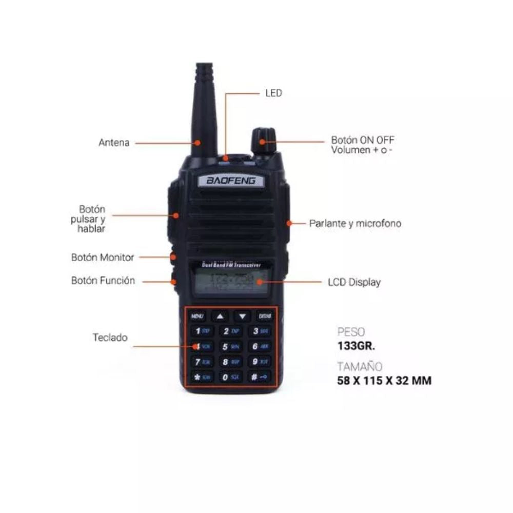 Radio Portable Baofeng UHF VHF con Pantalla Doble Banda 128 Canales Potencia 8W UV-82(8W)