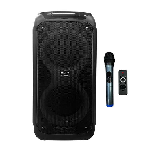 Altavoz Havit RGB tipo Torre Altura 69cm Potencia 50 Watts Bateria hasta 8 Horas Funciones BT USB TF Radio FM Aux Mic Jack Incluye Microfono y Control Remoto SQ120BT-EU